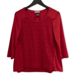Kate & Henry Blouse Womens Red Lace Front 3/4 Sleeve Holiday Top Christmas Shirt